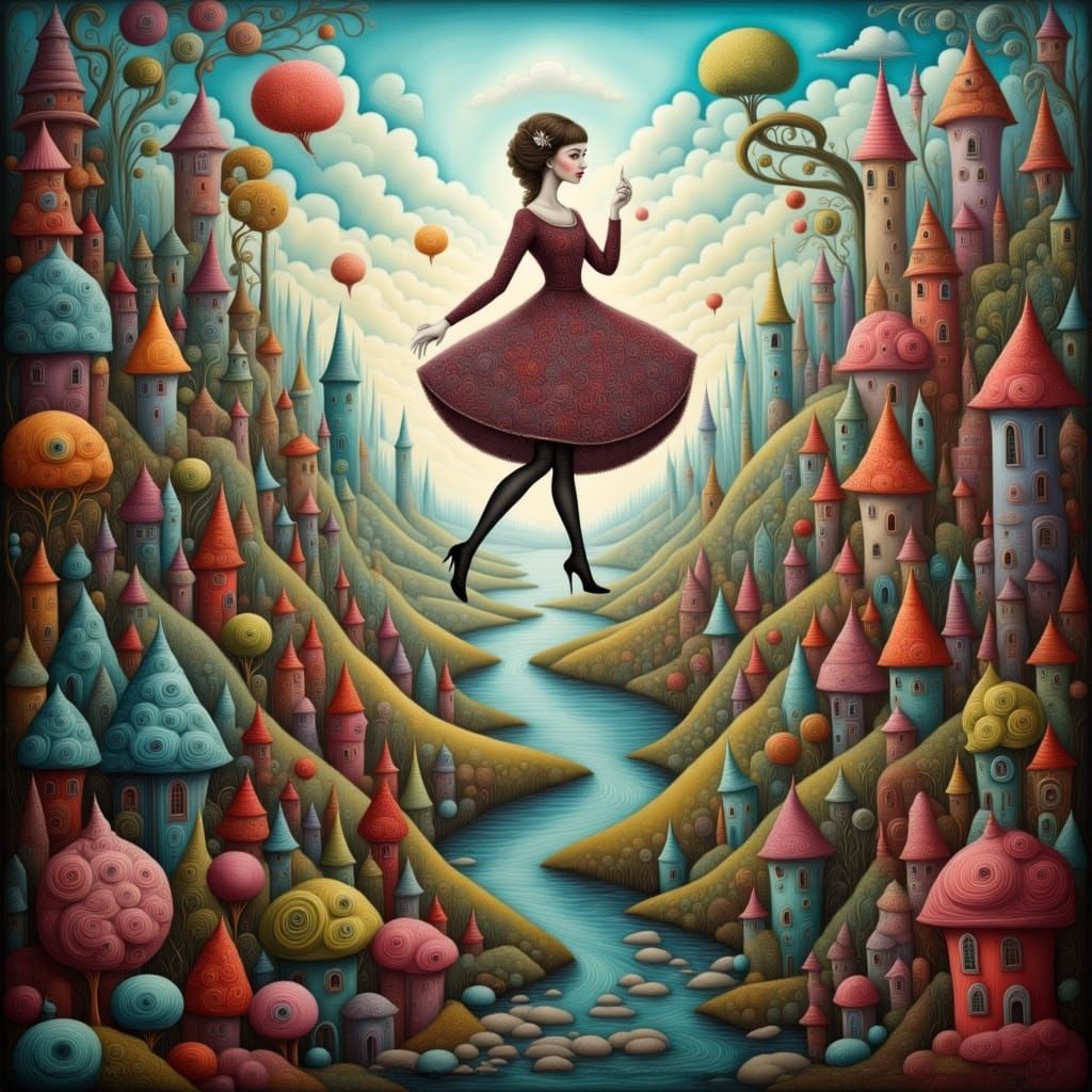 Girl on High Rope Surrounded by Cheering Crowd