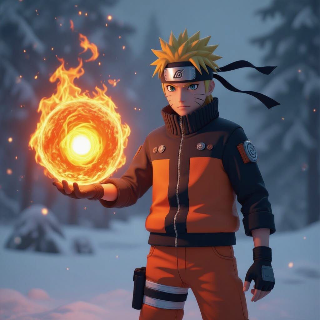 Naruto Uzumaki Wields Fiery Power in Snowy Landscape