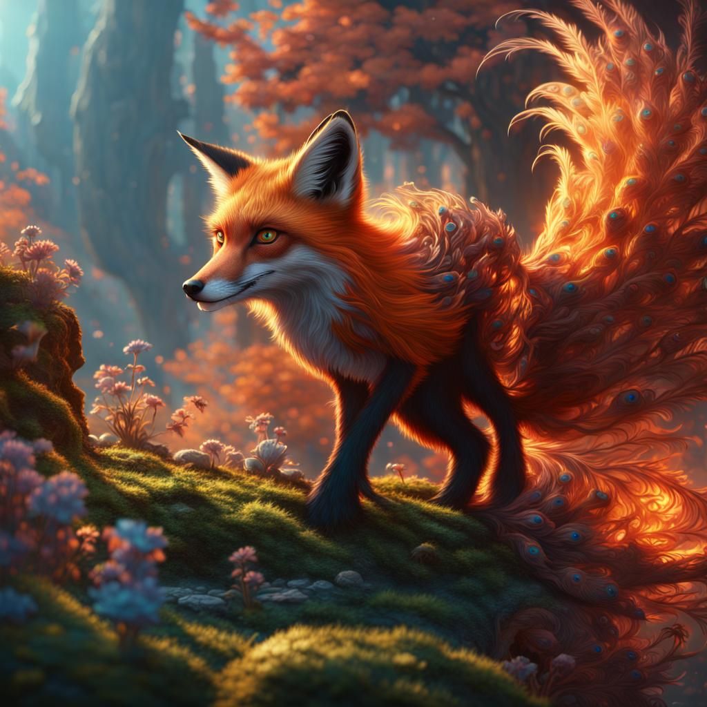 Fiery Fox Peacock Hybrid: Fantasy Concept Art