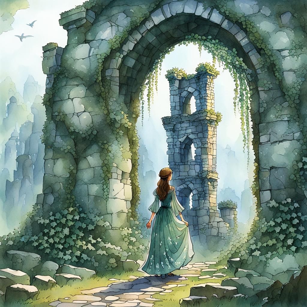 closeup of a woman standing inside a crumbling stone arch in...