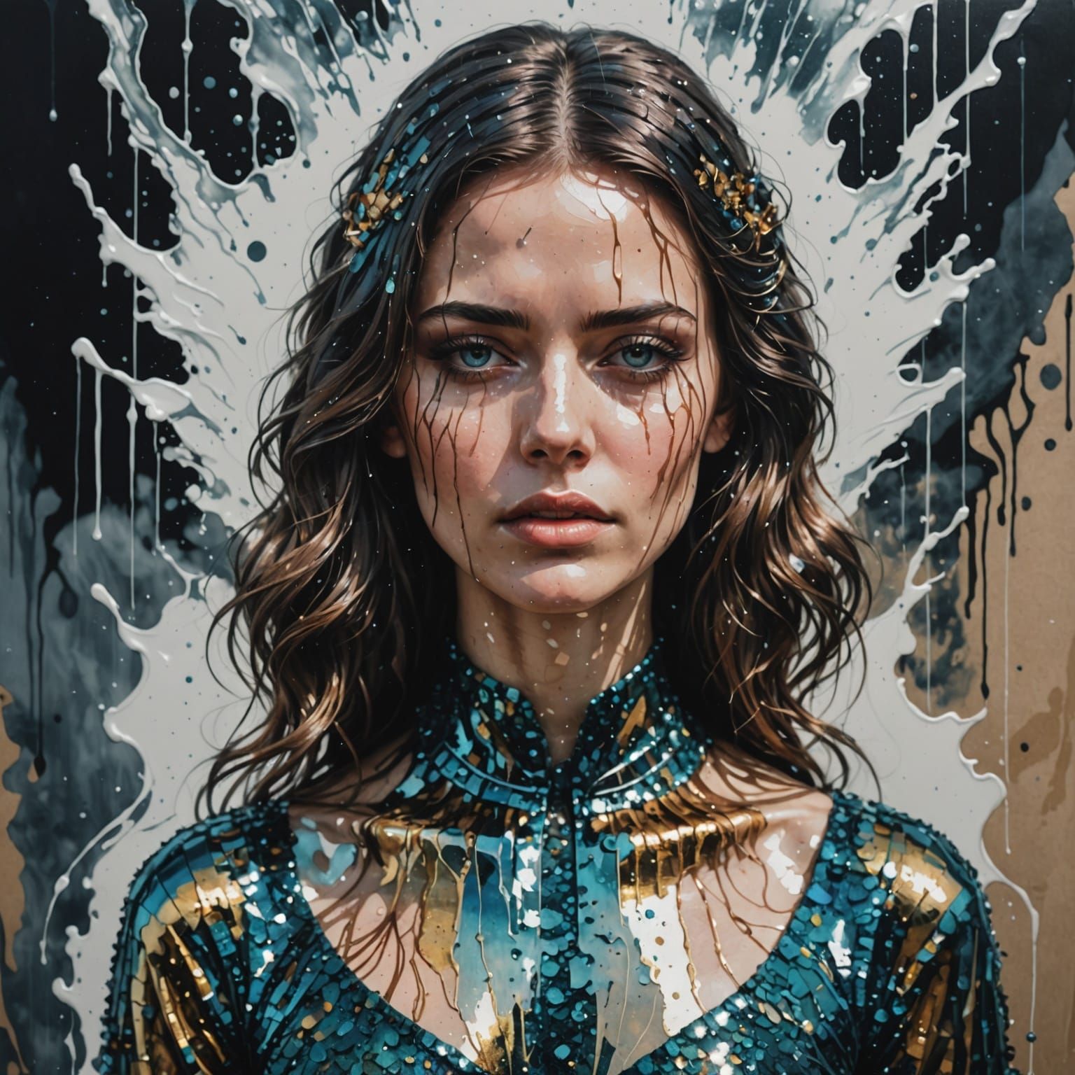 Glitching Water Goddess in Metallic Shimmer