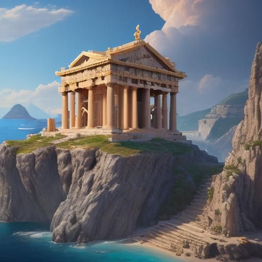Greek Island Town with Athena Temple, Matte Painting
