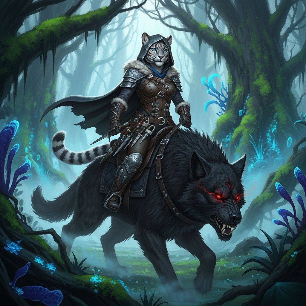 Tabaxi Rogue on Dire Wolf in Mystical Forest