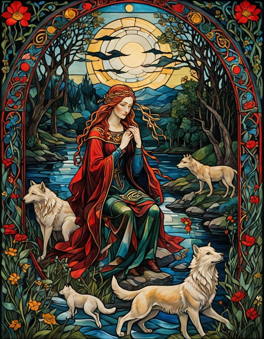 Stained Glass Celtic Goddess with Wolves and Hawks