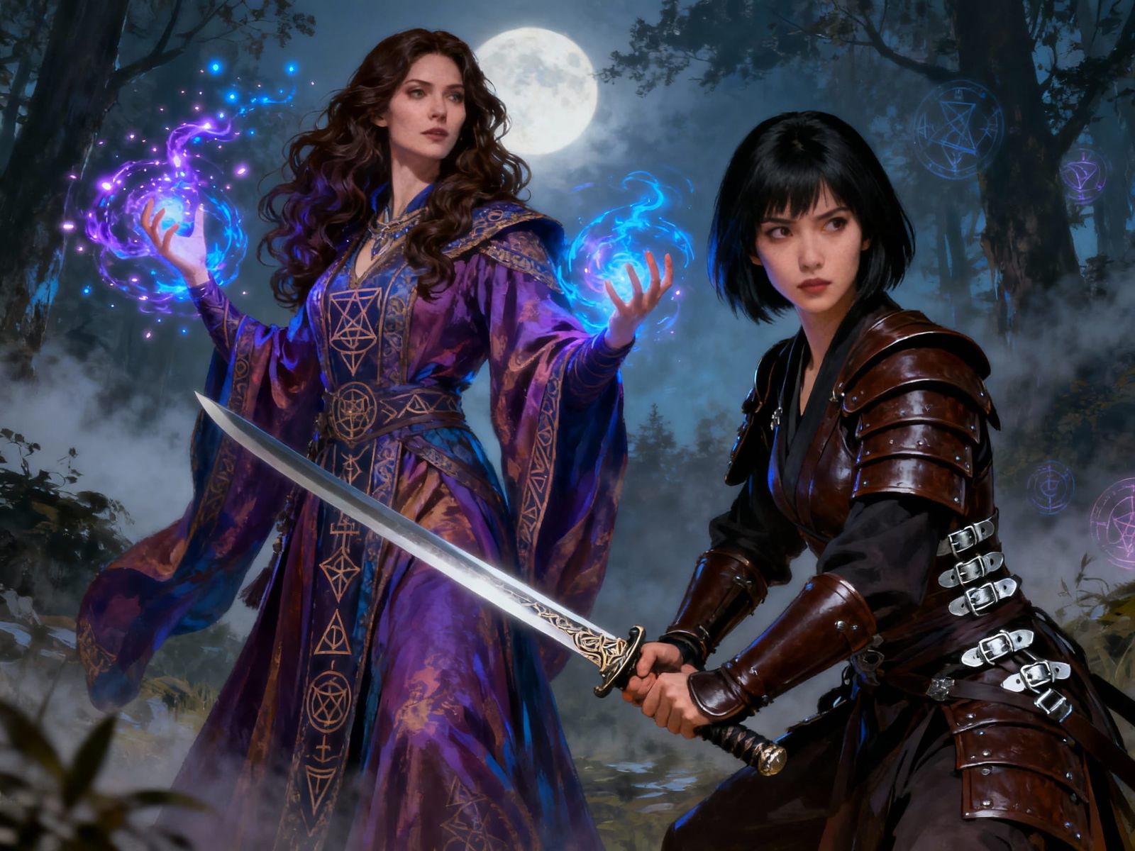Wizard and Warrior in Moonlit Forest Clearing