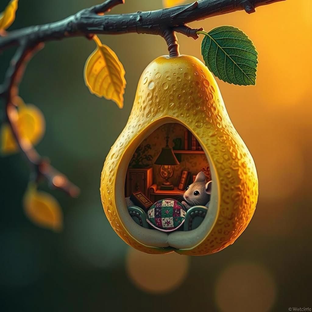 Miniature World Inside Pear, Whimsical Fantasy Scene