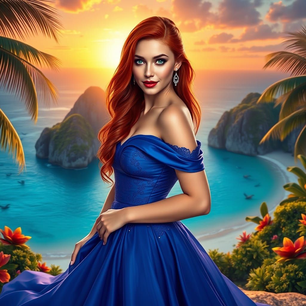 Seductive Redhead in Royal Blue Gown with Tropical Sunset Ba...