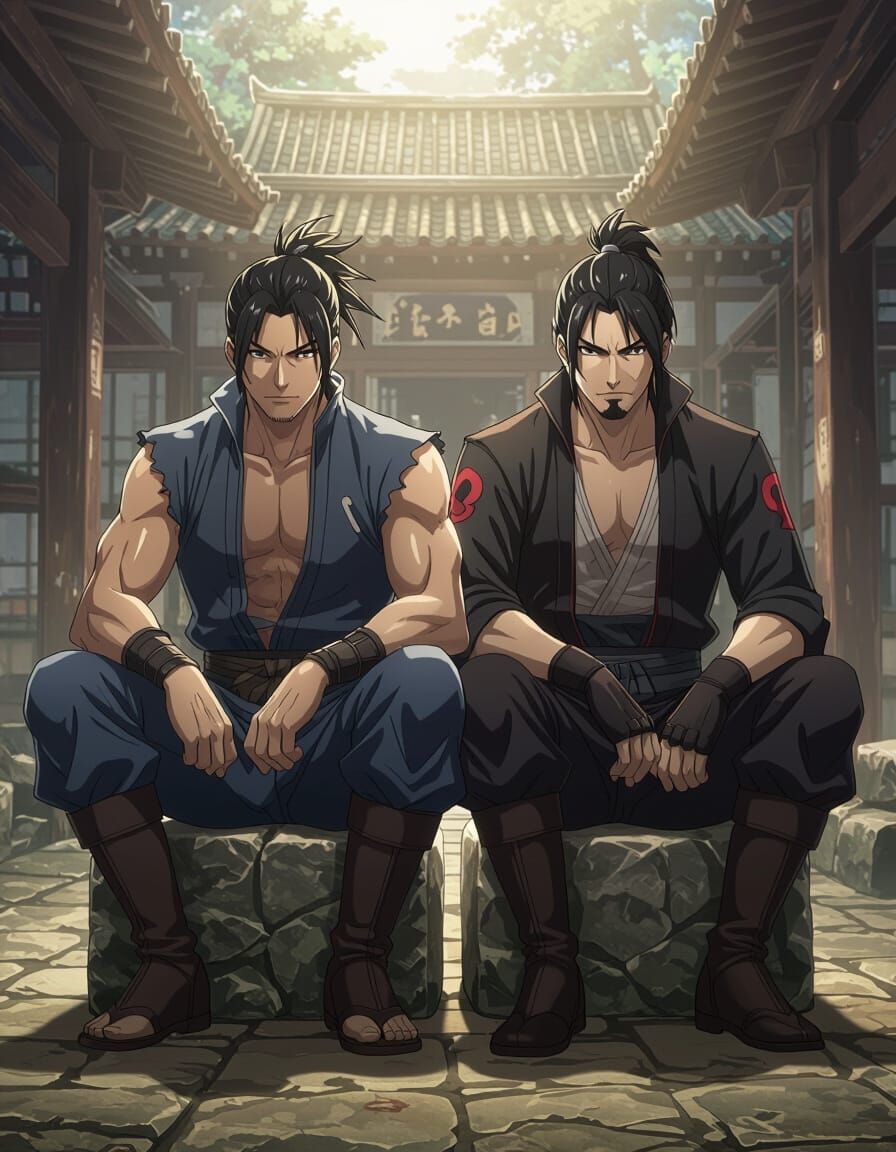 Hyperrealistic Anime Portrait of Powerful Assassin Duo