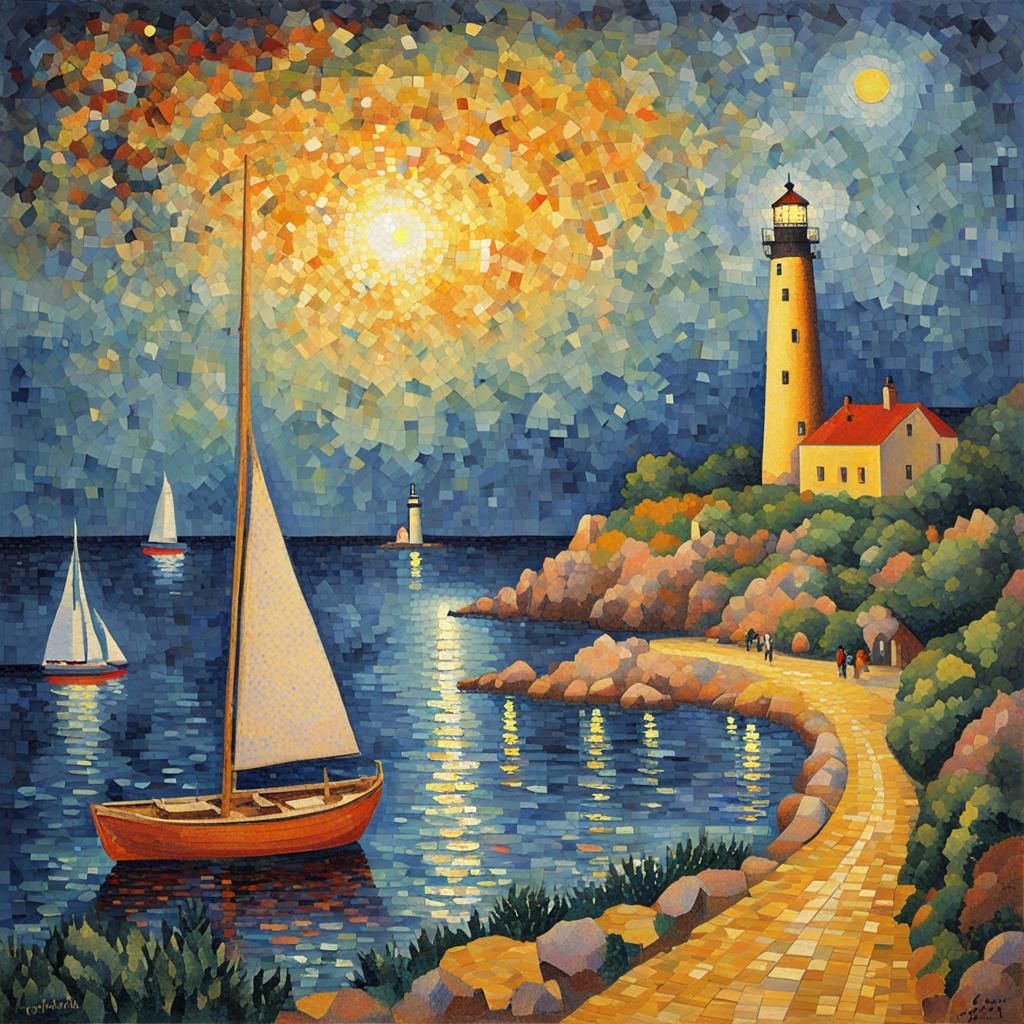 DAZZLING luminous shooting star, beach, SAILBOAT, LIGHTHOUSE, mosaic pointillism, post-impressionism