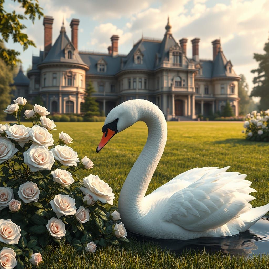 Surreal Swan Scene in Victorian Elegance