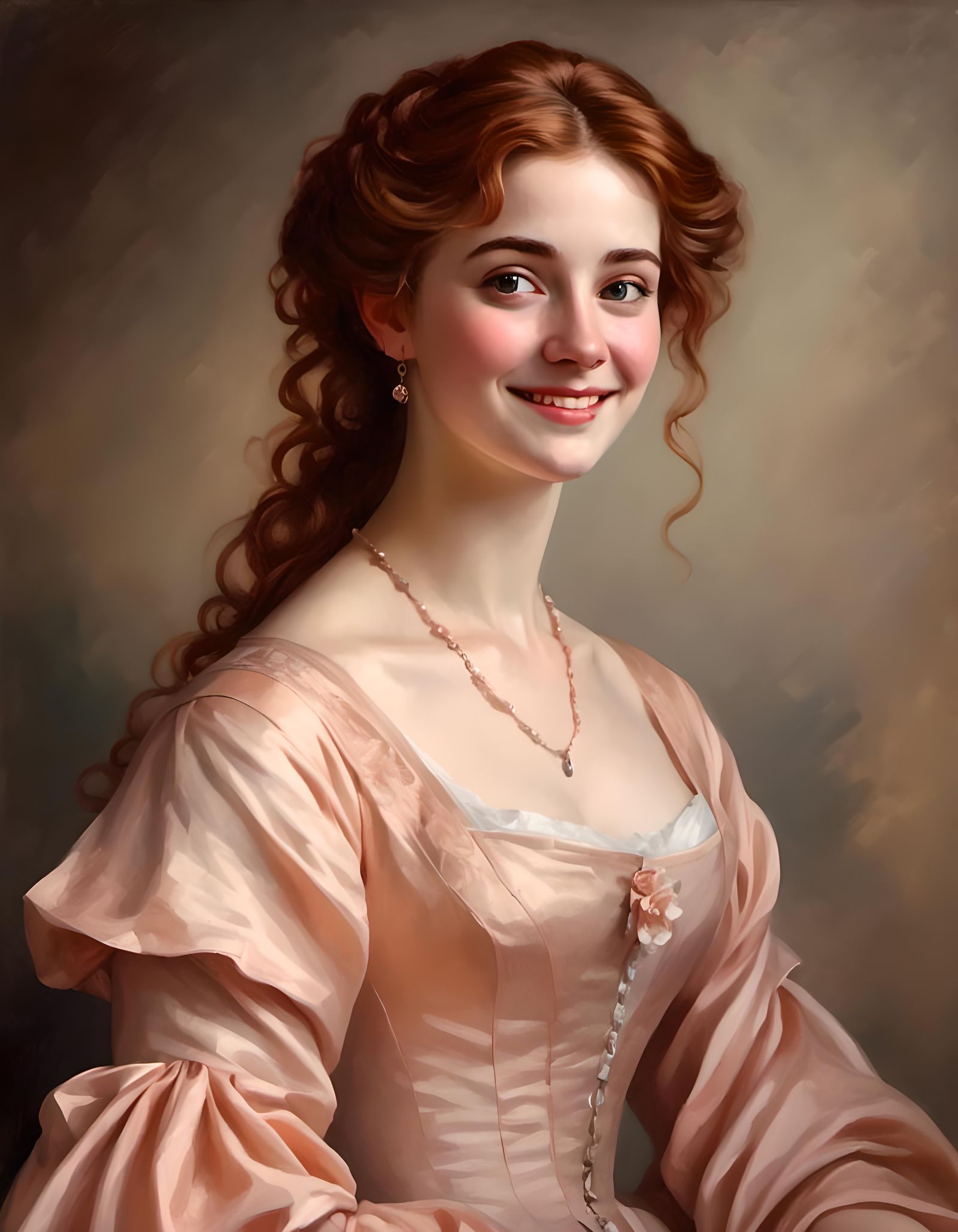 Joyful Woman in Peach Dress: Jane Austen Era Portrait