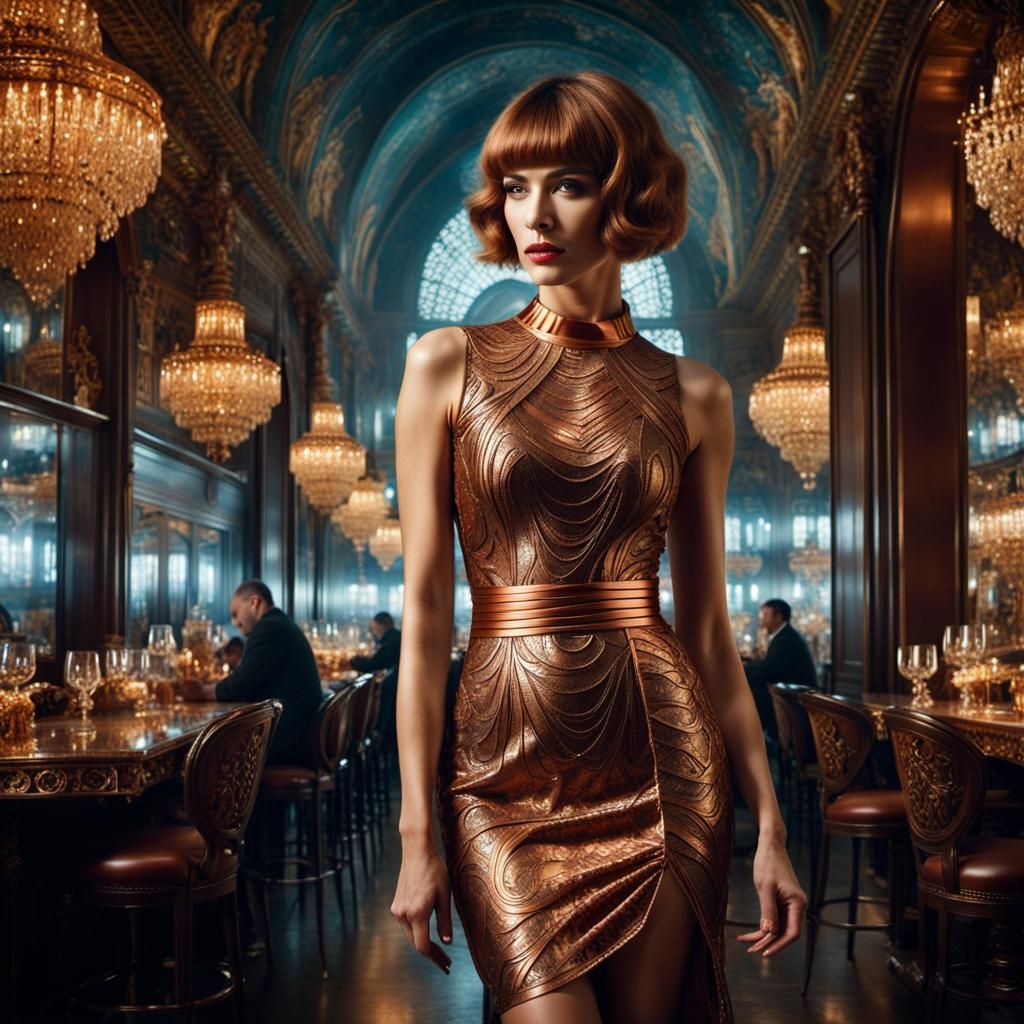 Copper Wire Woman in Ornate Dress: Digital Art