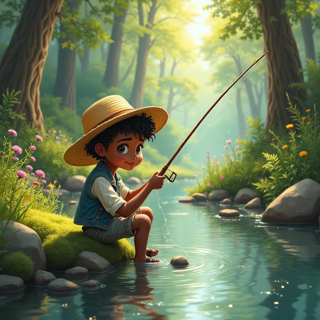 Boy Fishing in Forest Stream, Storybook Illustration