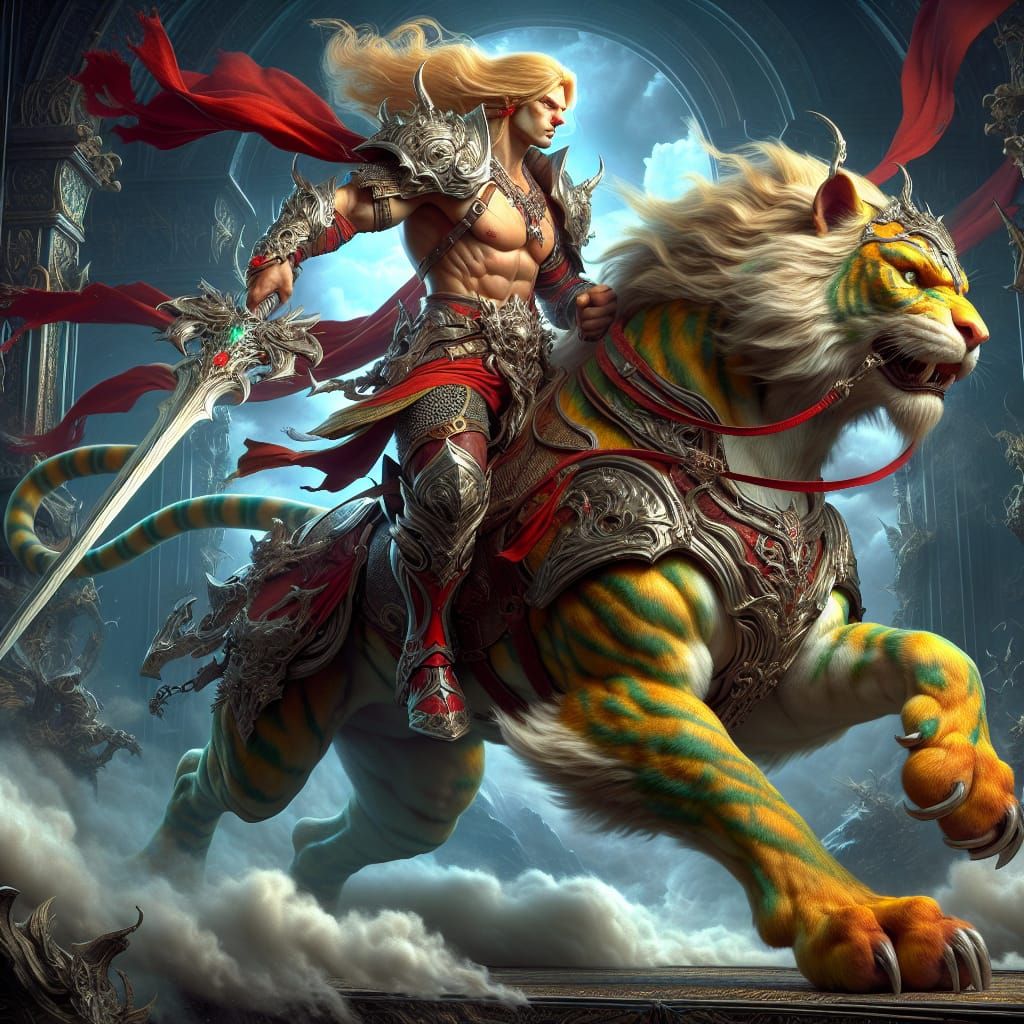 Muscular Warrior and Armored Tiger in Oil Painting Style