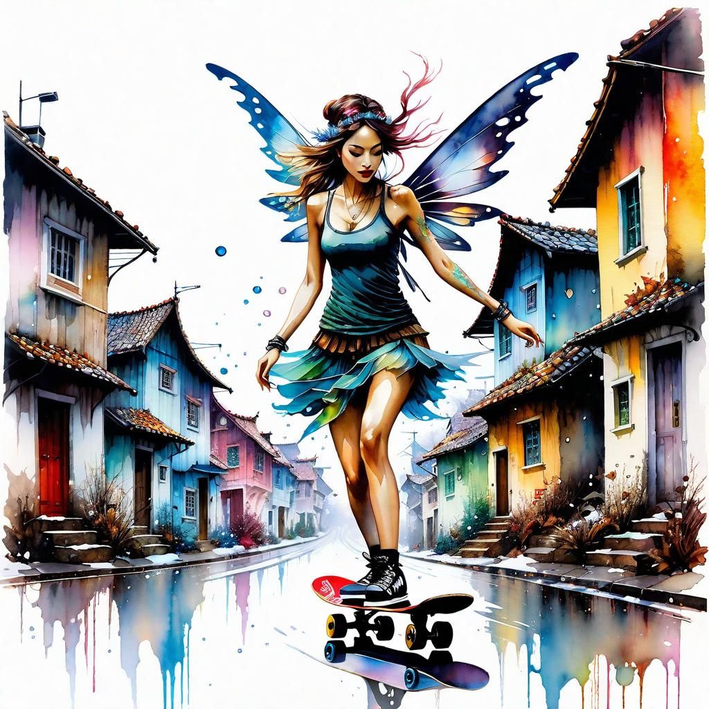 Fairy Skateboarding in Winter Village: Gouache Painting