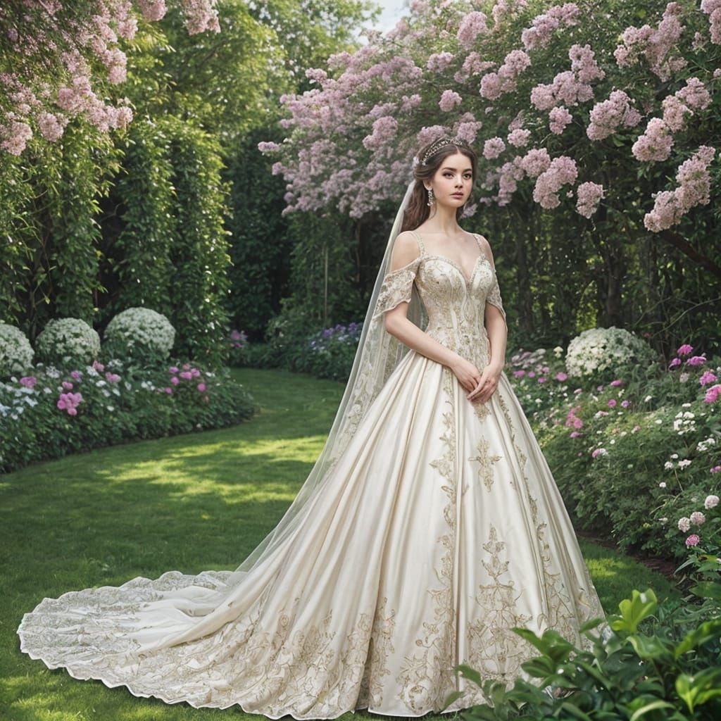 Beautiful Princess in Embroidered Gown in Garden
