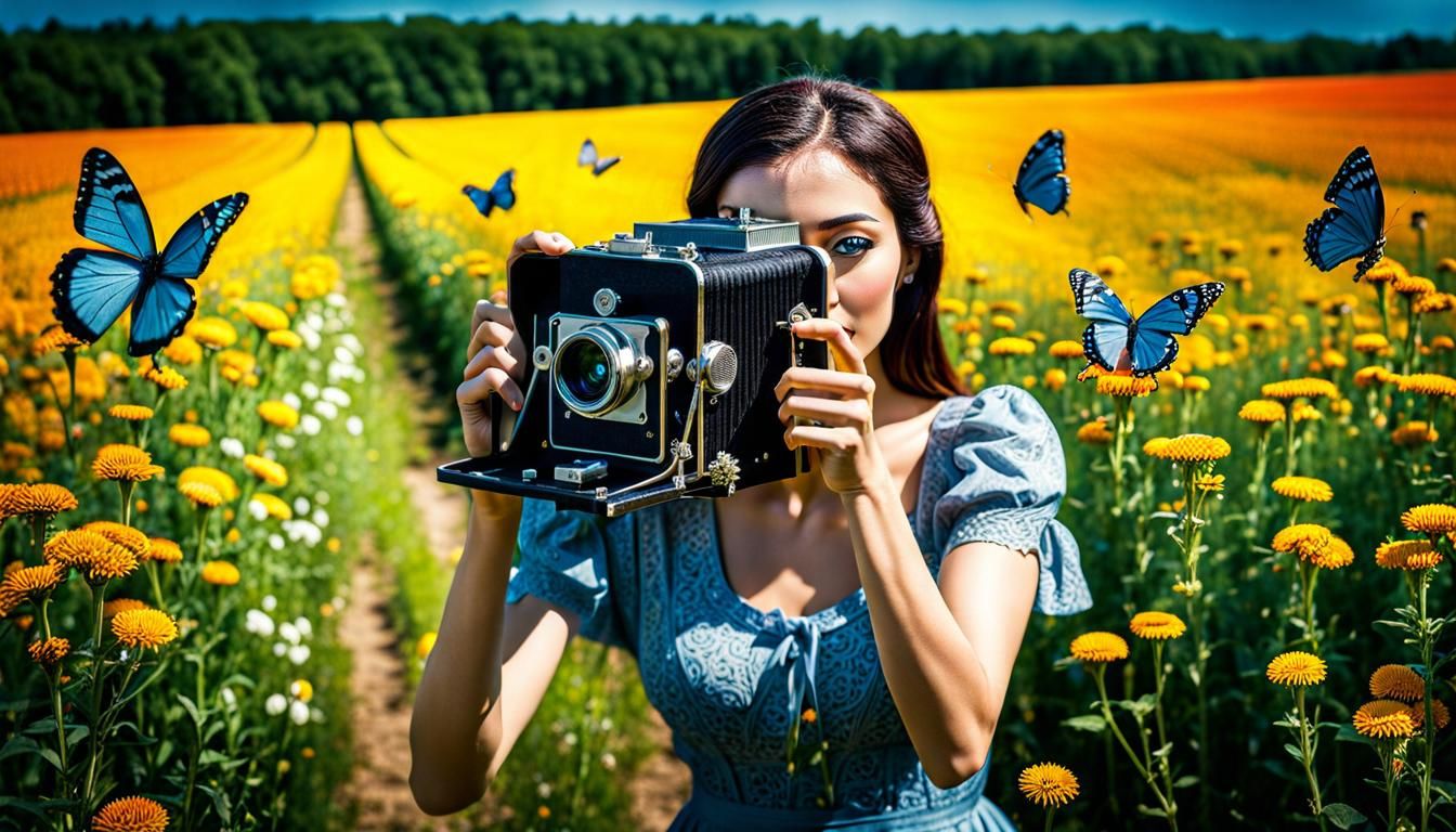 Woman with Box Camera in Flower Field