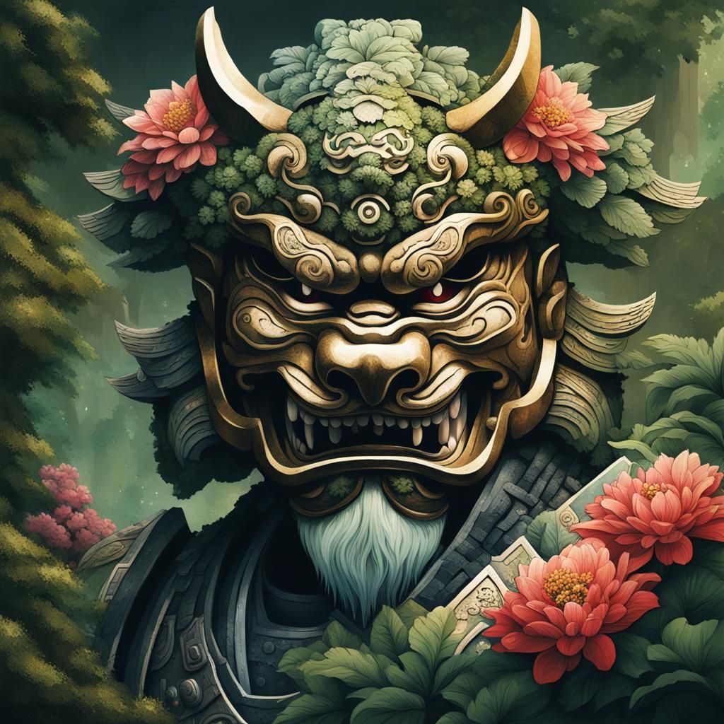 Samurai Warrior Portrait in Jungle Ruins