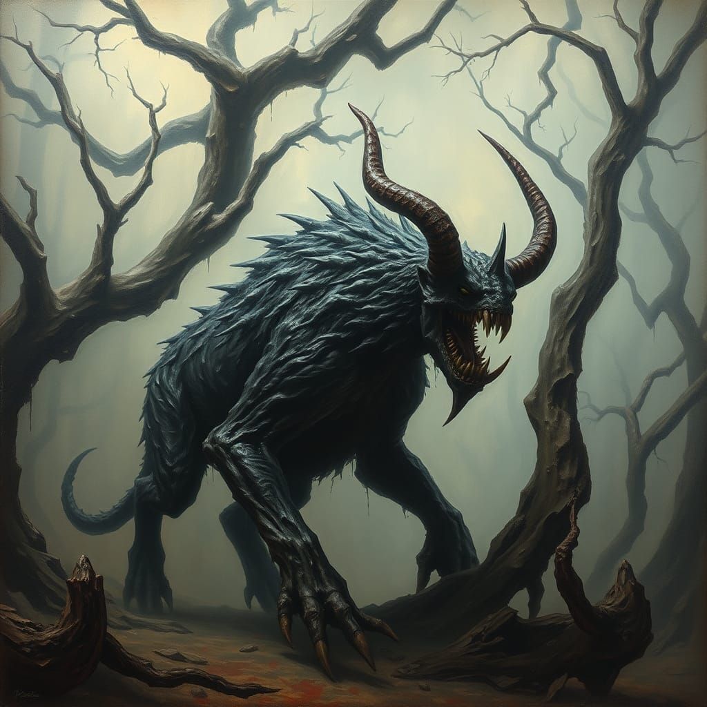Encaustic Beast in Mist-Shrouded Forest