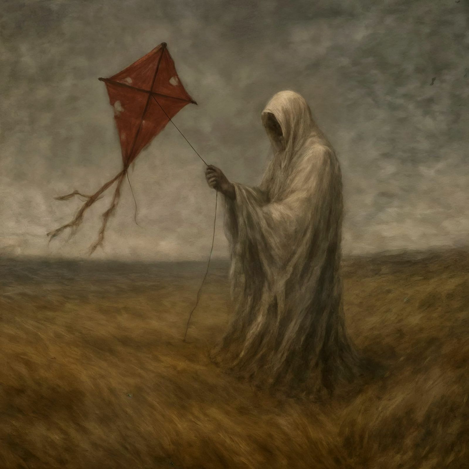 Ethereal Figure with Red Kite in Windswept Landscape