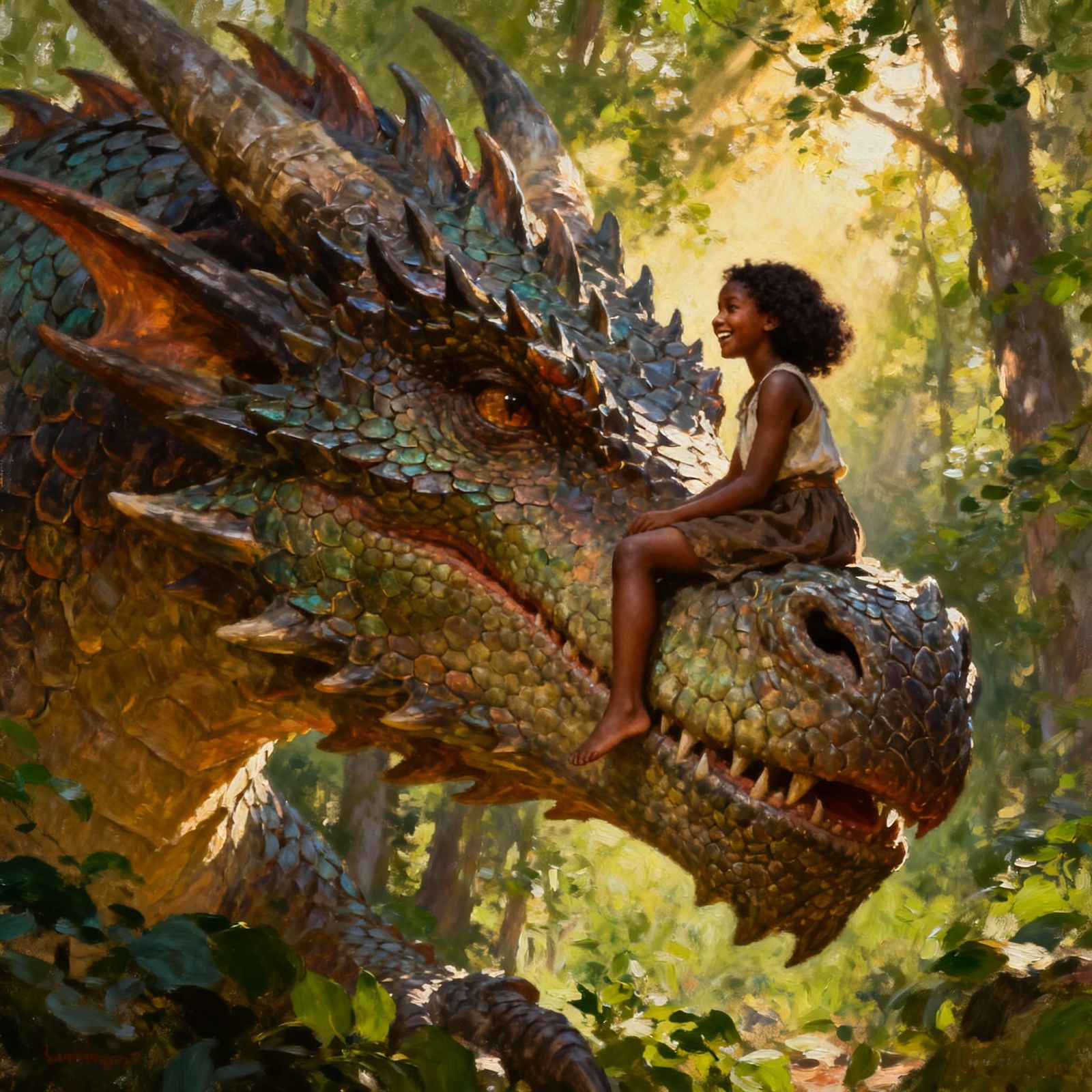 Girl Befriends Giant Dragon in Sunlit Forest Oil Painting