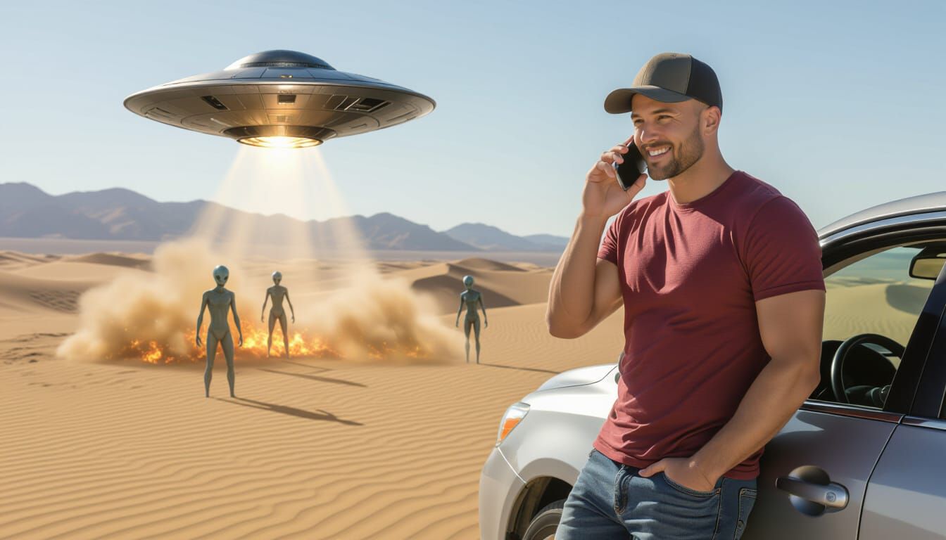 Man in Desert by UFO Crash, Realistic Photo