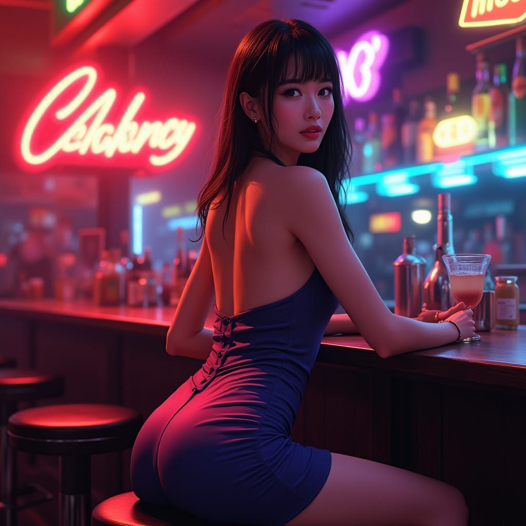 Vibrant Asian Bar Scene with Neon Lights