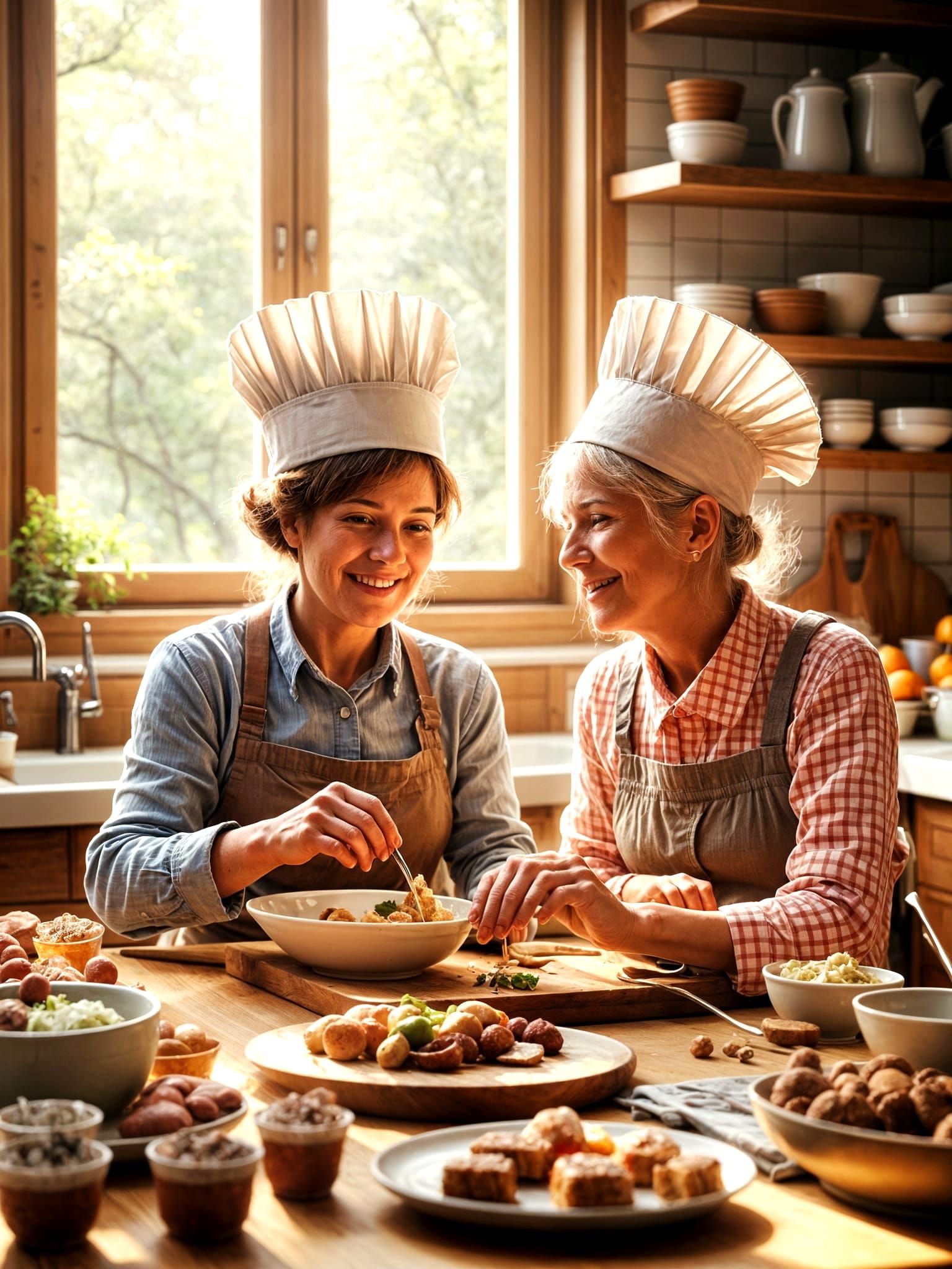 Grandmother and Granddaughter Cooking in Hyperrealism