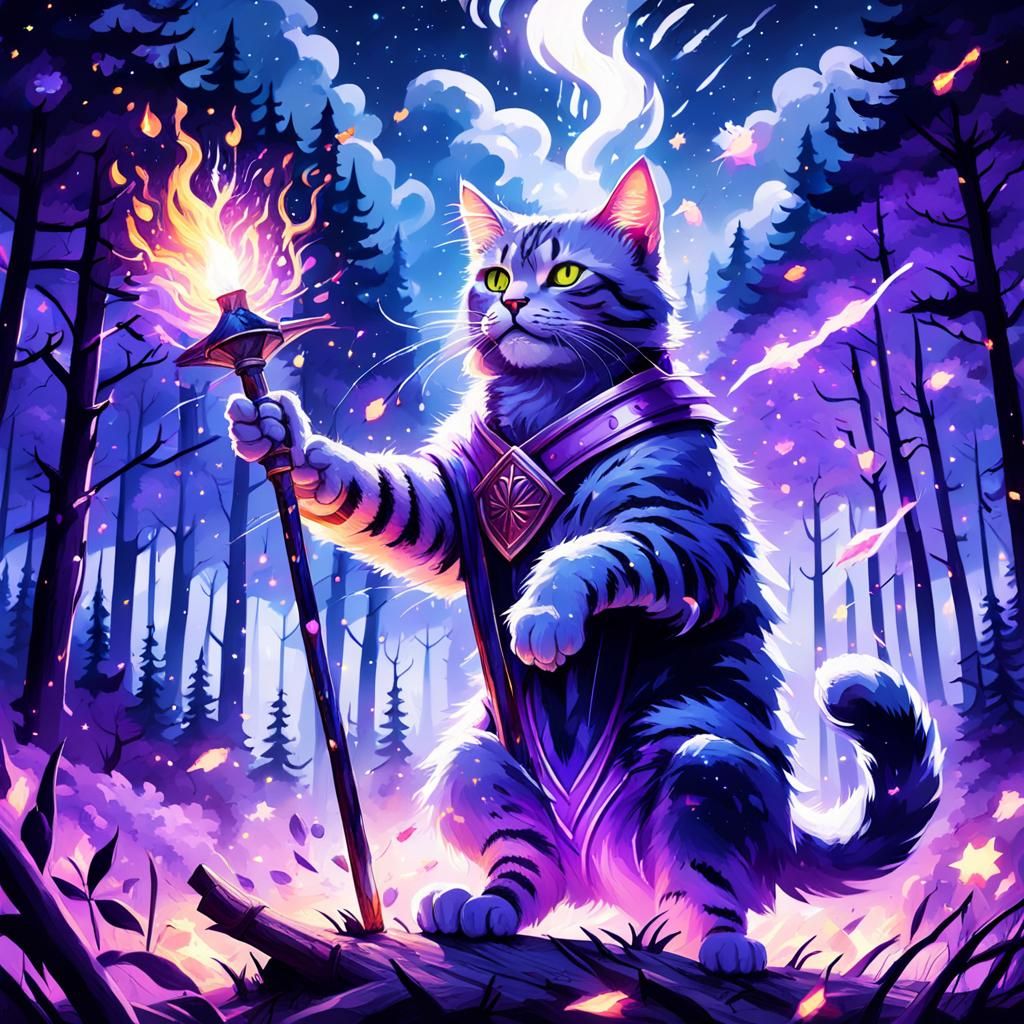 Whimsical Feline Sorcerer in a Starry Night Forest