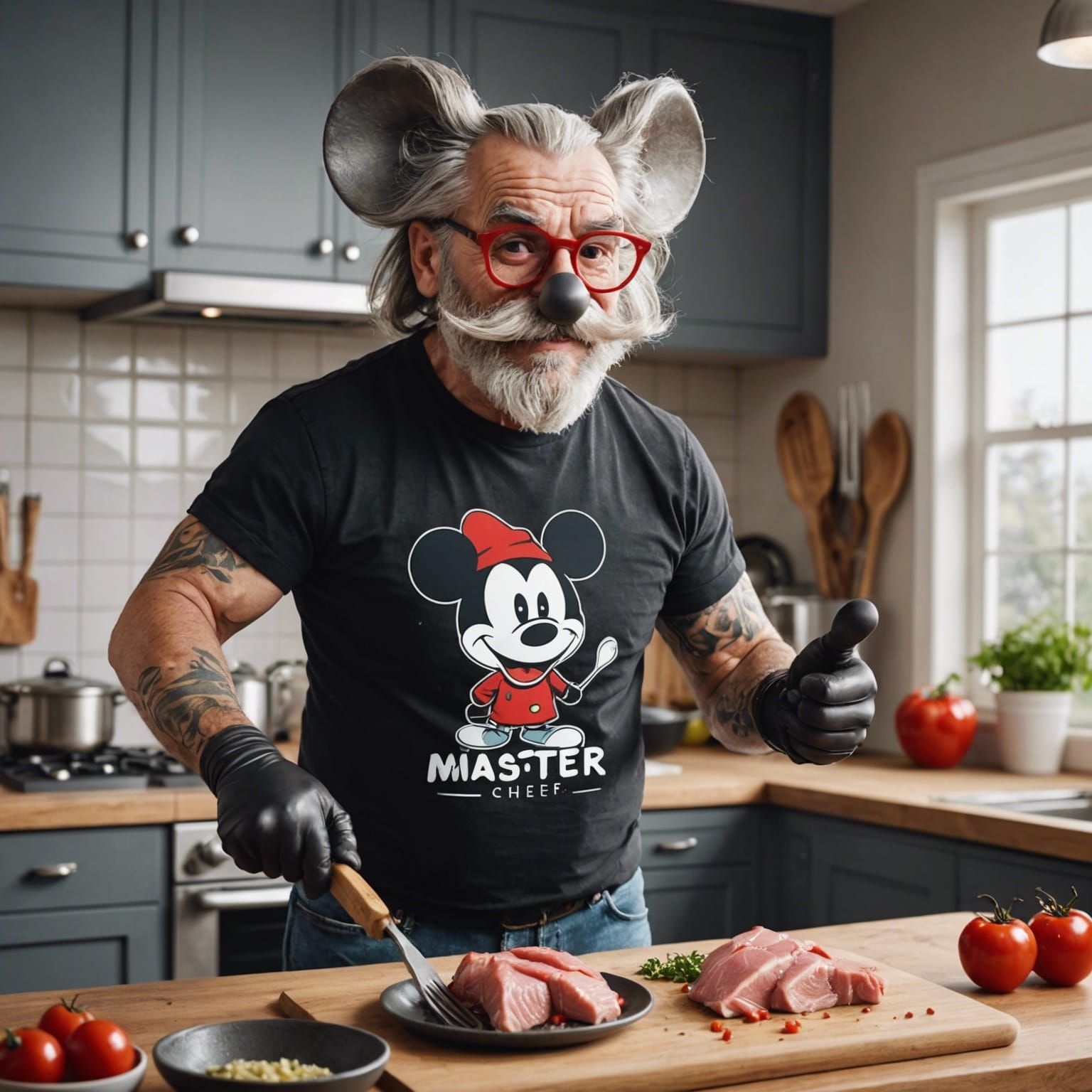 Hyperrealistic Caricature of Old Mickey Mouse Cooking