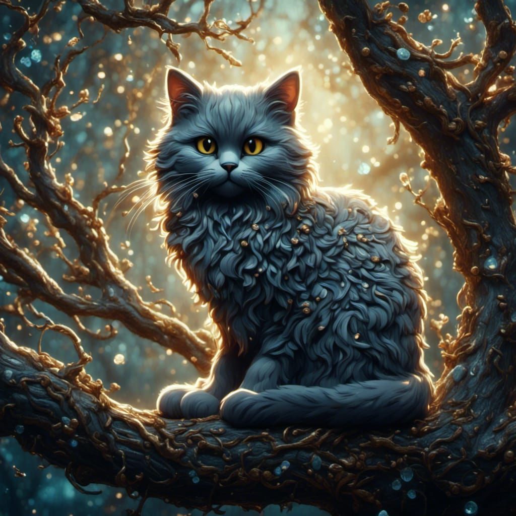 Hyperrealistic Gray Cat on Tree Branch