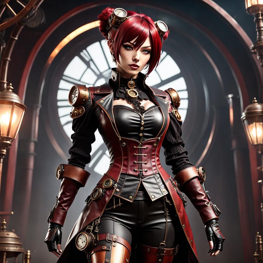 Steampunk Anime Girl in Detailed Leather Outfit