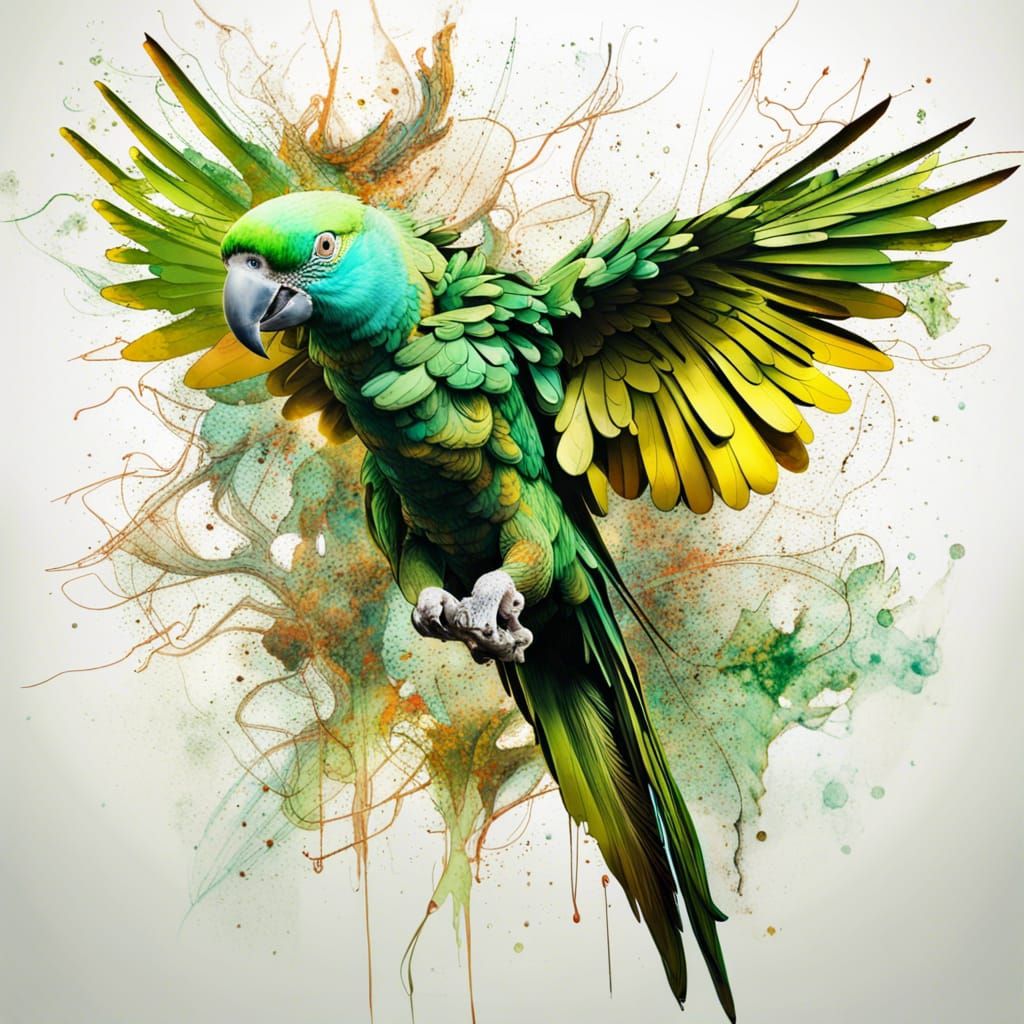 Parrot Portrait in Flight, Inkblot Art Style