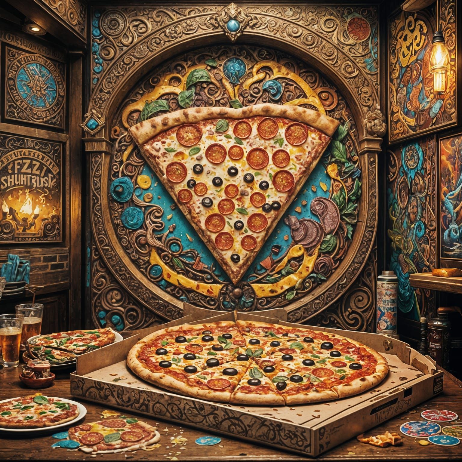 Epic Pizza Box in High Fantasy Graffiti Art