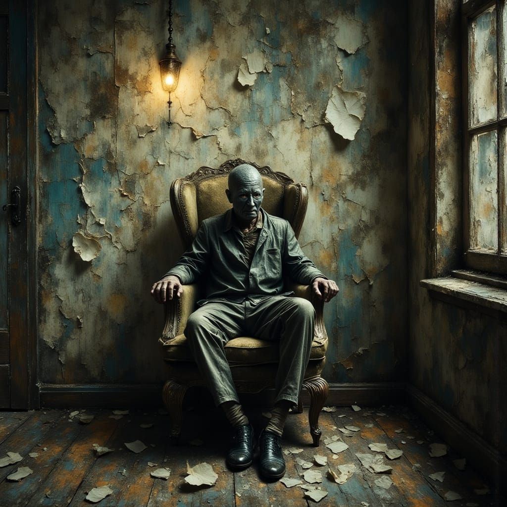 Worn Figure in Dim Room: Futuristic Noir Impasto