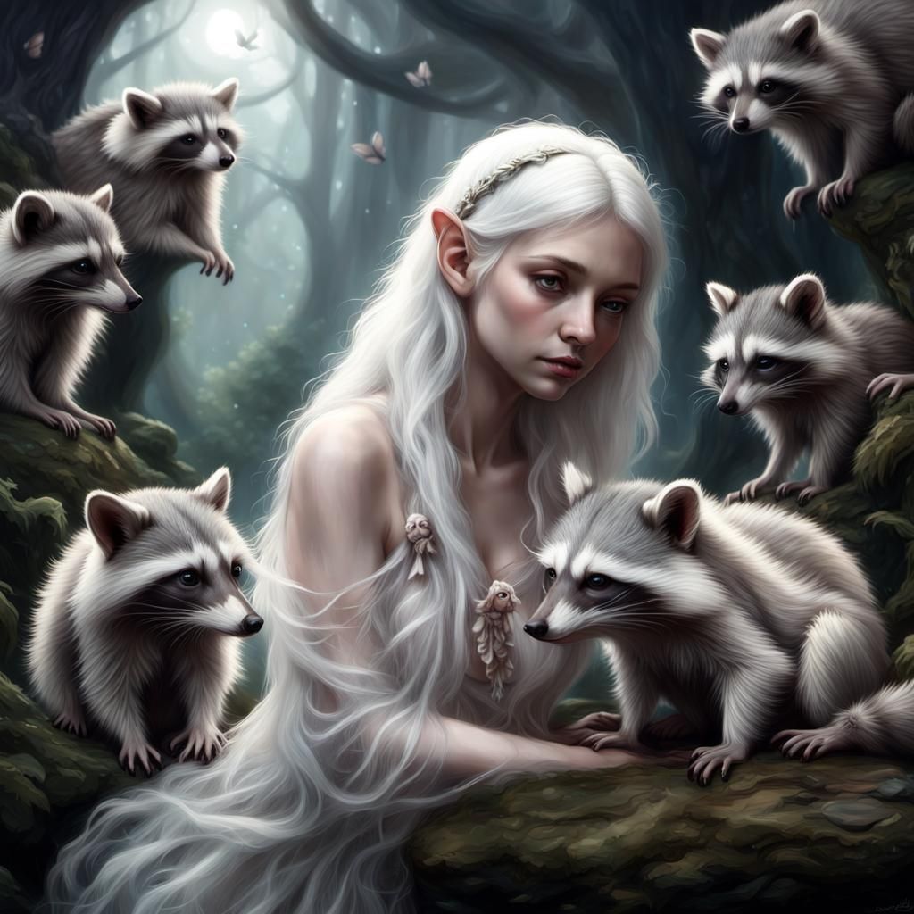 Quartz Fairy with Albino Raccoons, Digital Painting