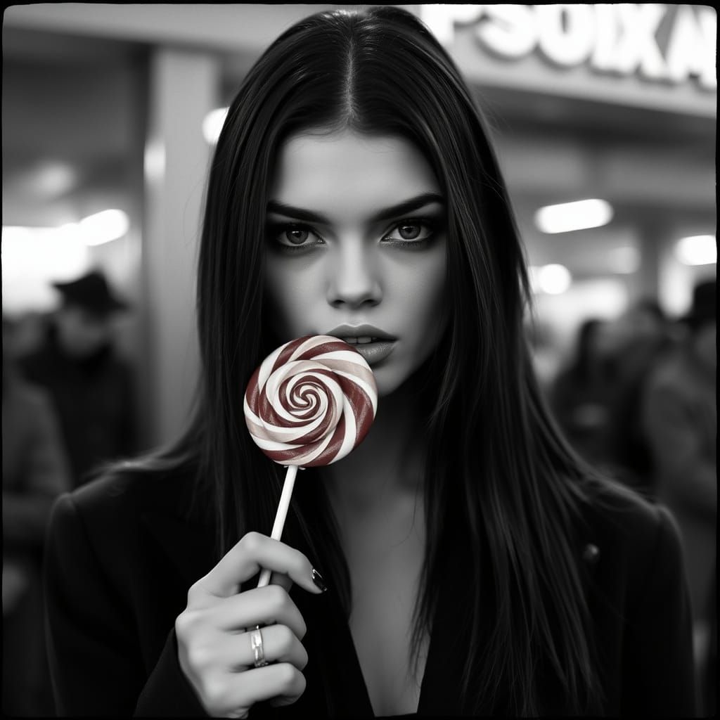 Monochrome Fashion Portrait with Lollipop