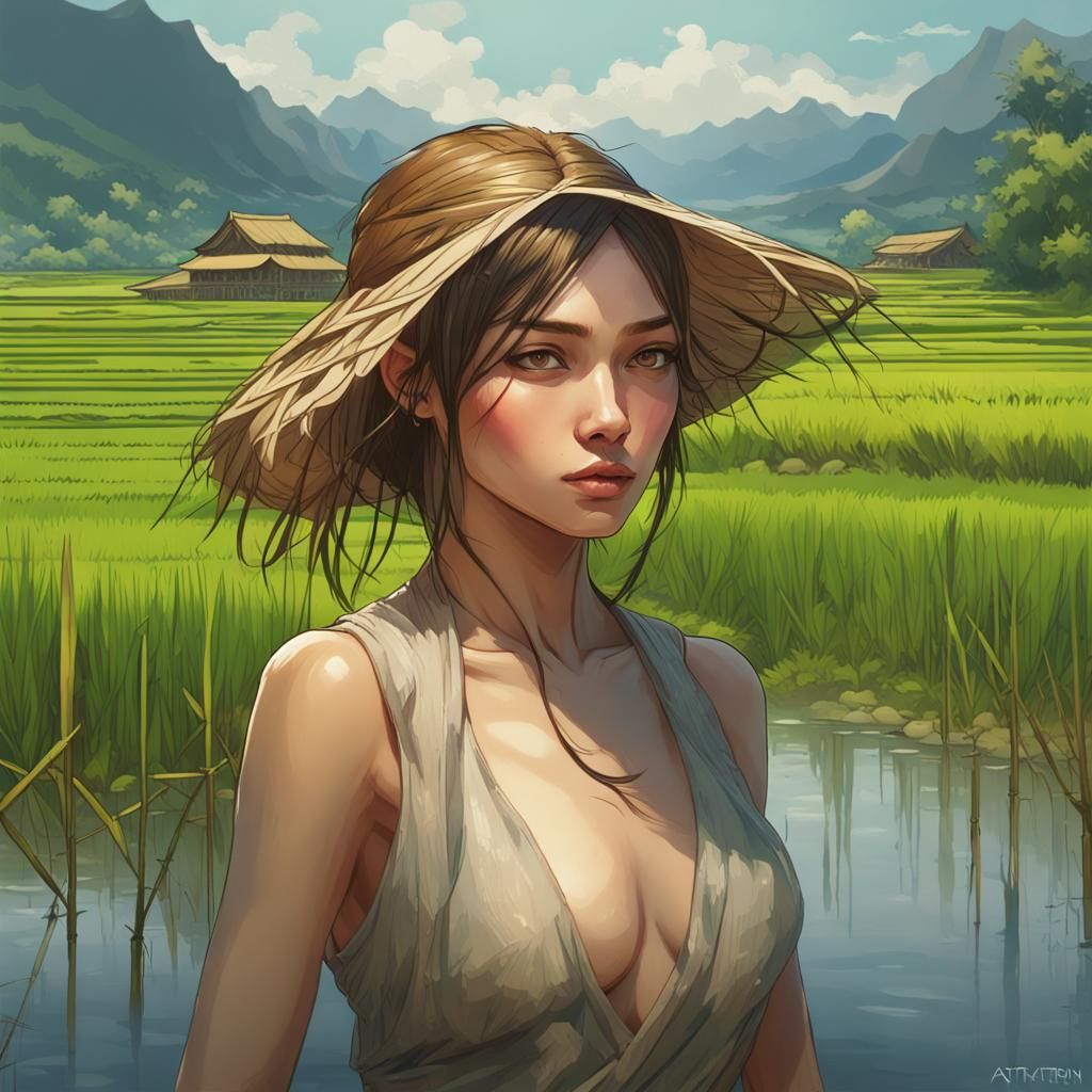 Rice Fields Landscape with Swimming Girls, Digital Art