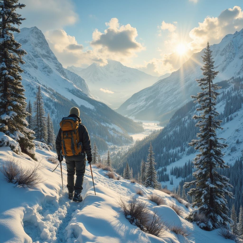 Hiker Gazes Over Snowy Valley in Golden Afternoon Light