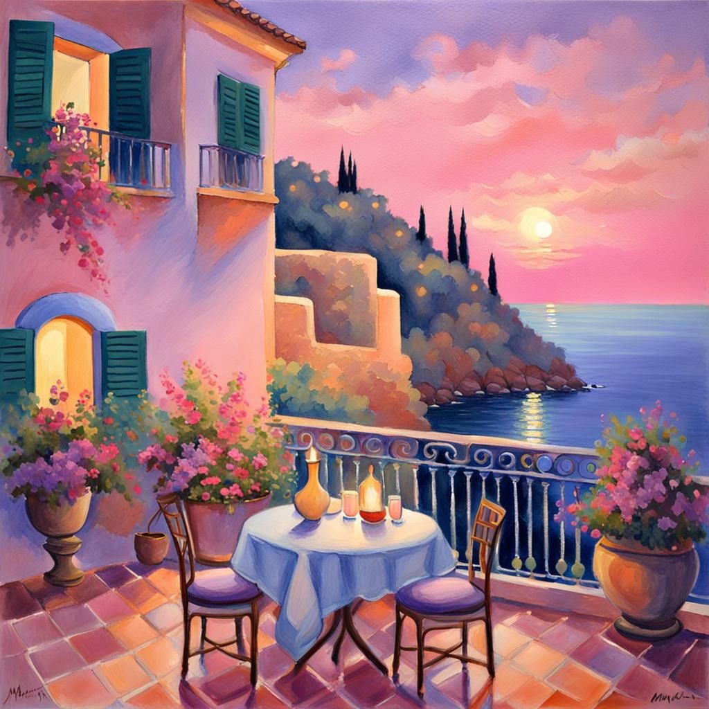 Mediterranean Terrace at Twilight in Gouache Style