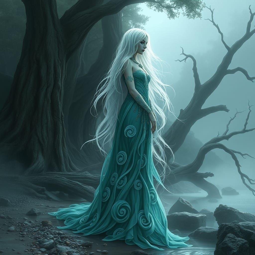 Mysterious Siren on Misty Shoreline: Fantasy Concept Art