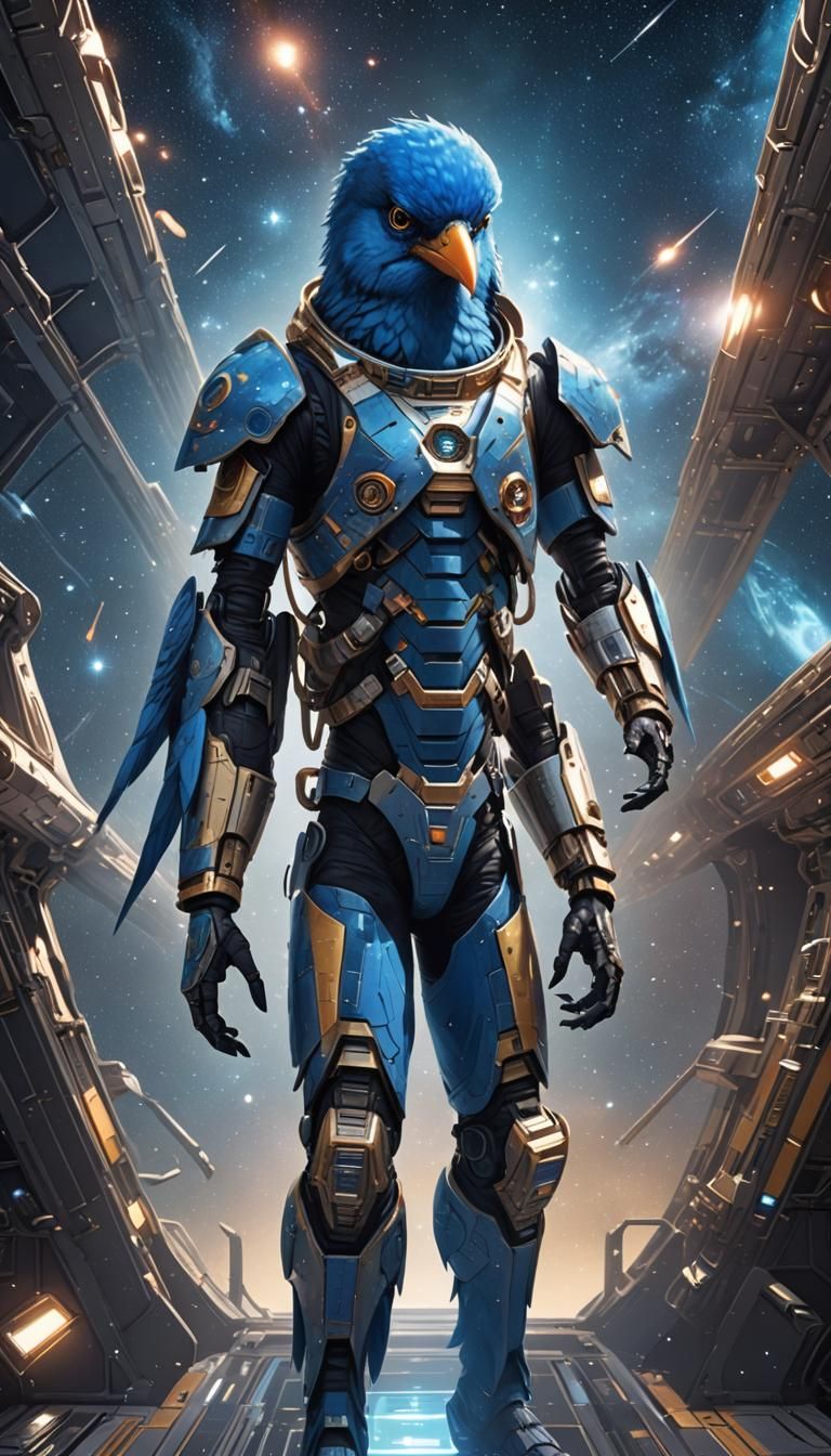 blue avian on a spaceship