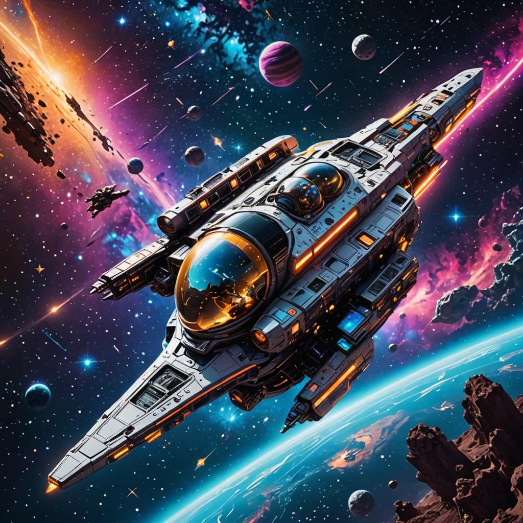 Neon Spaceship Soaring Through Galaxy with Astronaut