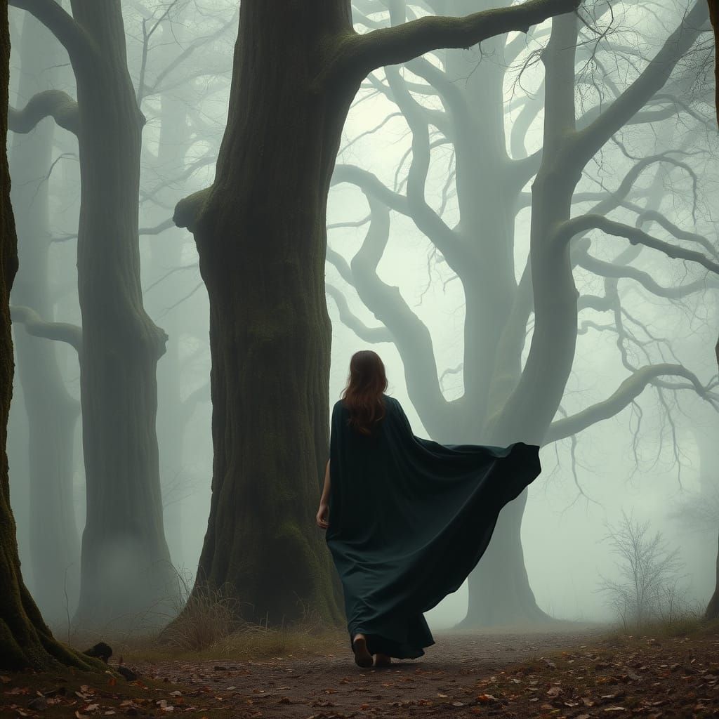 Woman in Misty Forest, Pre-Raphaelite Style