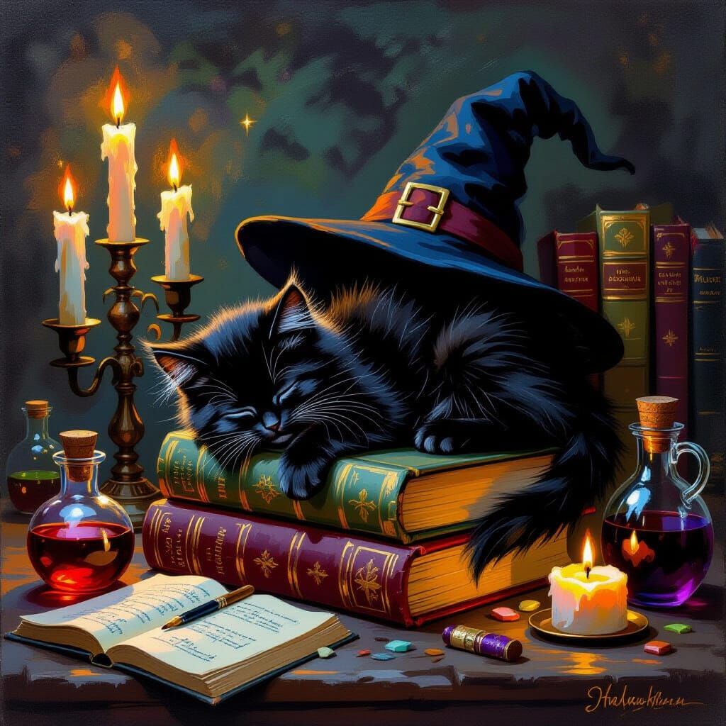 Impressionistic Oil Painting of a Sleeping Kitten on a Witch...