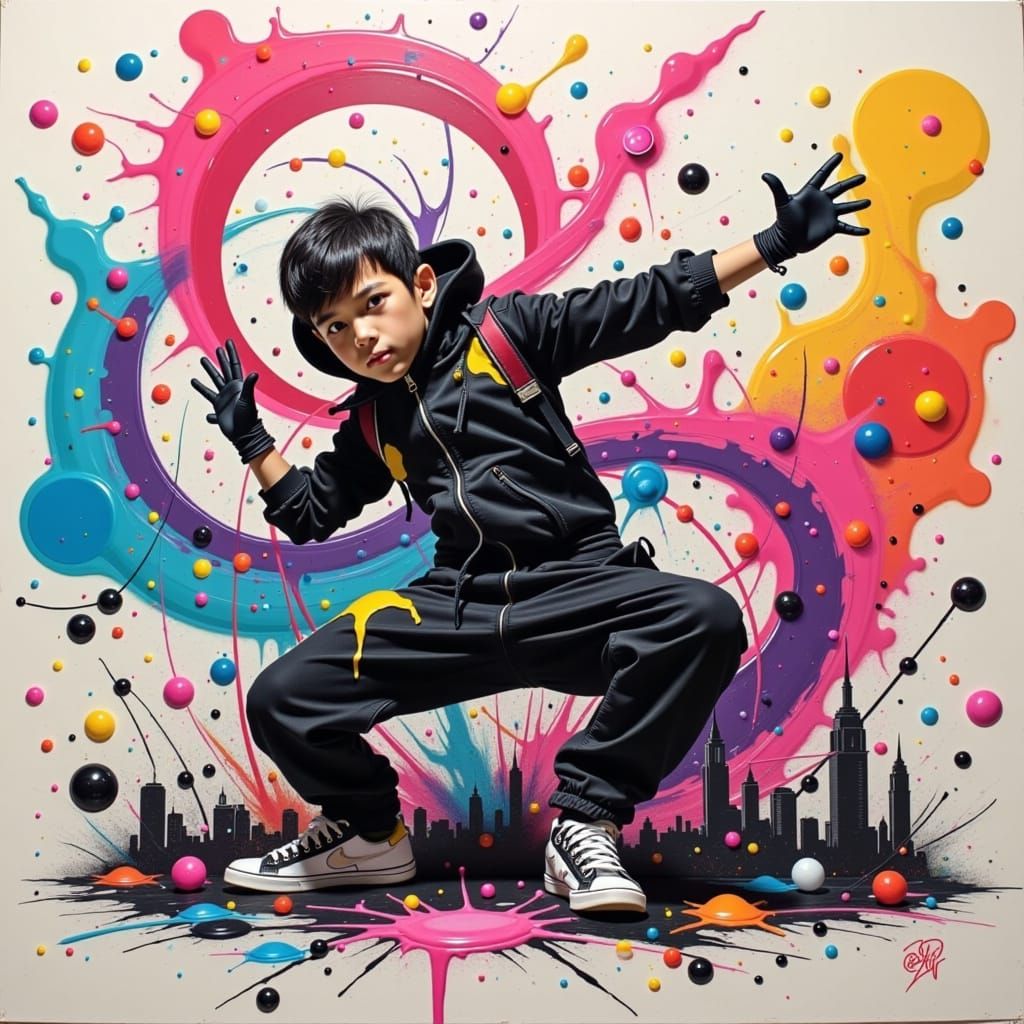Dynamic Hip Hop Dancer with Abstract Splatter Paint