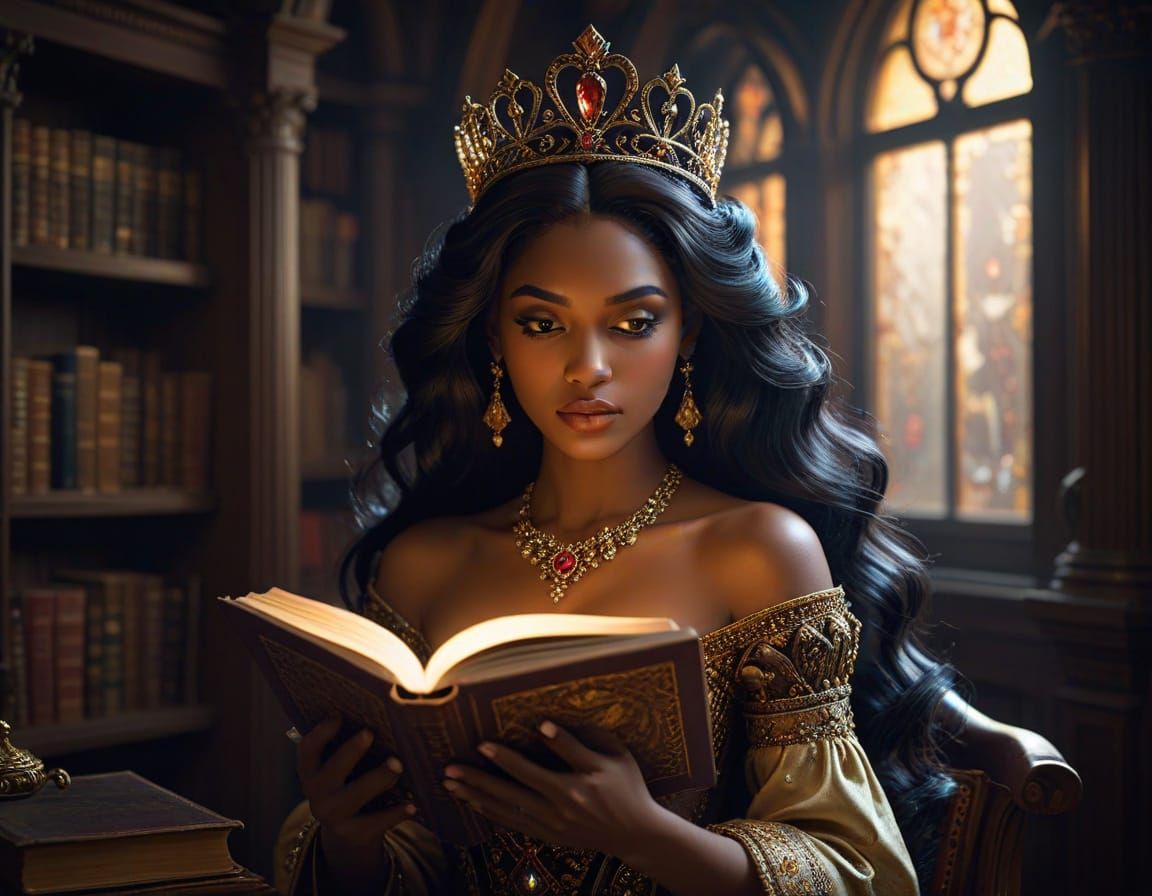 Dark Skinned Queen Reads Glowing Book in Dim Library