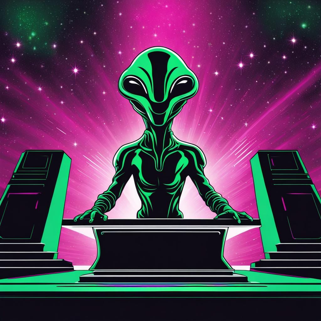 Green and Magenta Alien at Galactic Podium
