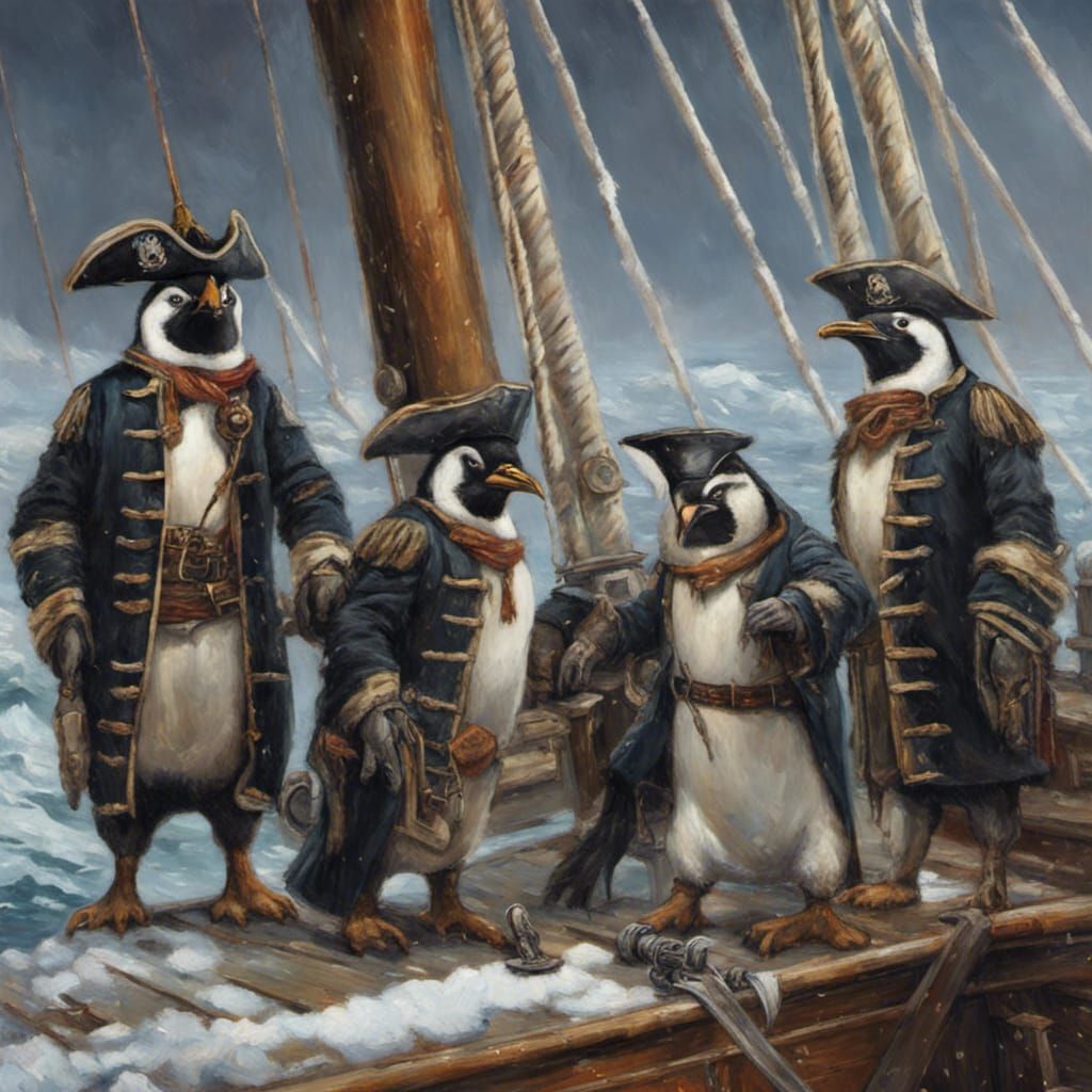 Pirate Penguins Sailing: Hyperrealistic Oil Painting