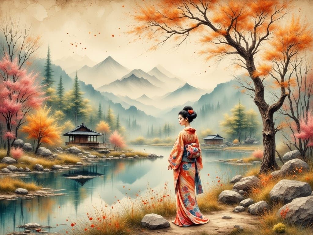 Japanese Woman in Kimono: Antique Watercolor Painting